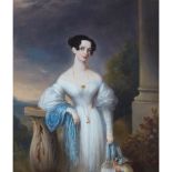 WILLIAM MOORE (BRITISH 1790-1851) THREE QUARTER LENGTH PORTRAIT OF AN ELEGANT WOMAN ON A BALCONY
