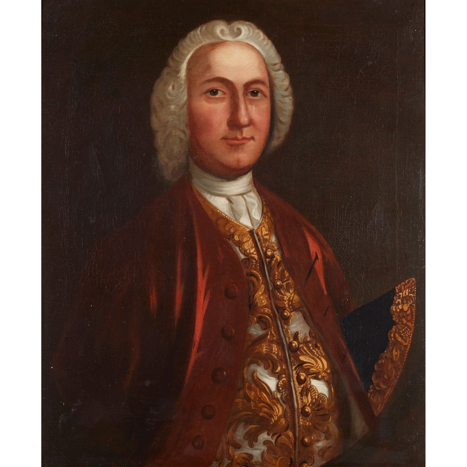 18TH CENTURY ENGLISH SCHOOL HALF LENGTH PORTRAIT OF A GENTLEMAN WITH BROCADE WAISTCOAT