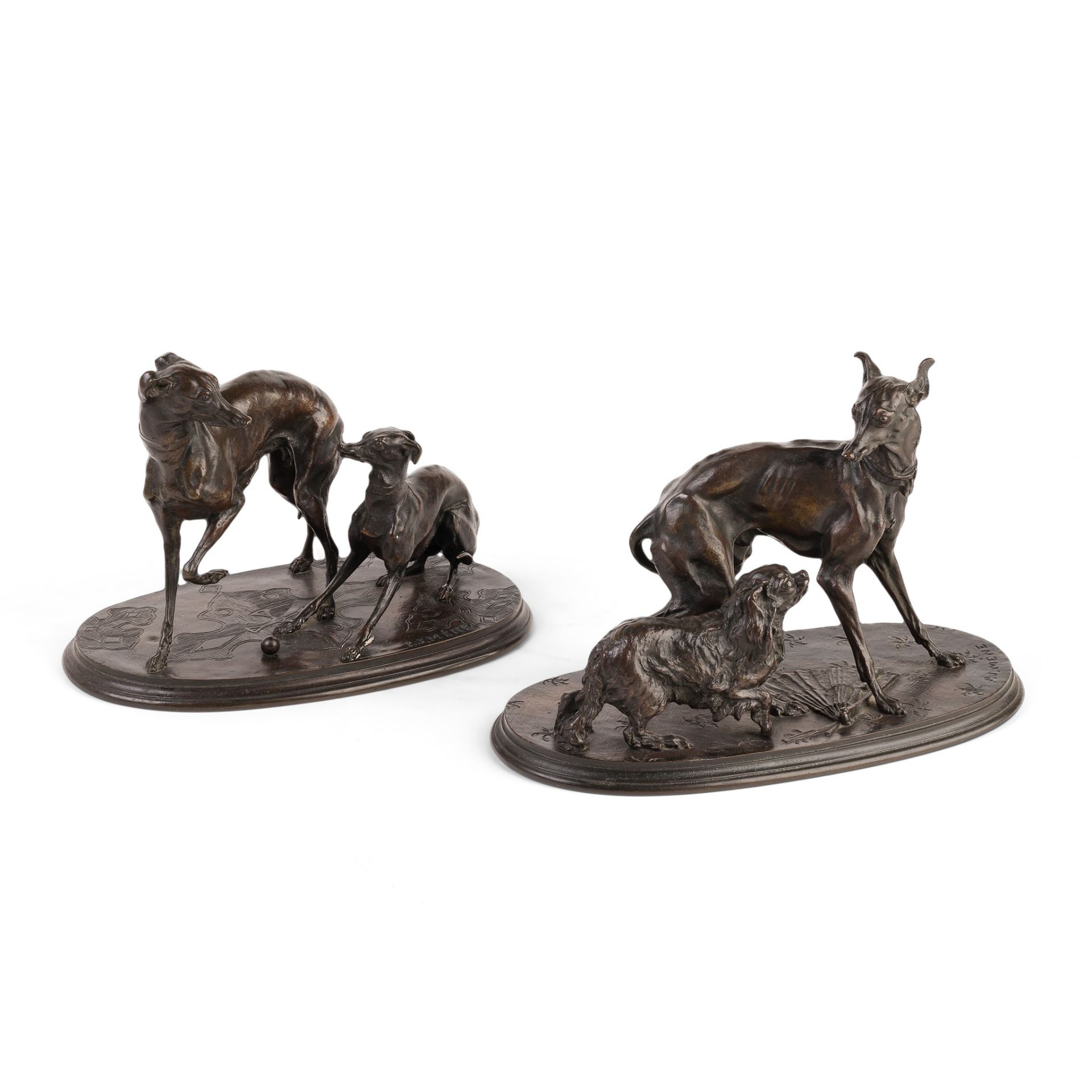 AFTER PIERRE JULES MENE, TWO BRONZE FIGURE GROUPS OF DOGS 19TH CENTURY