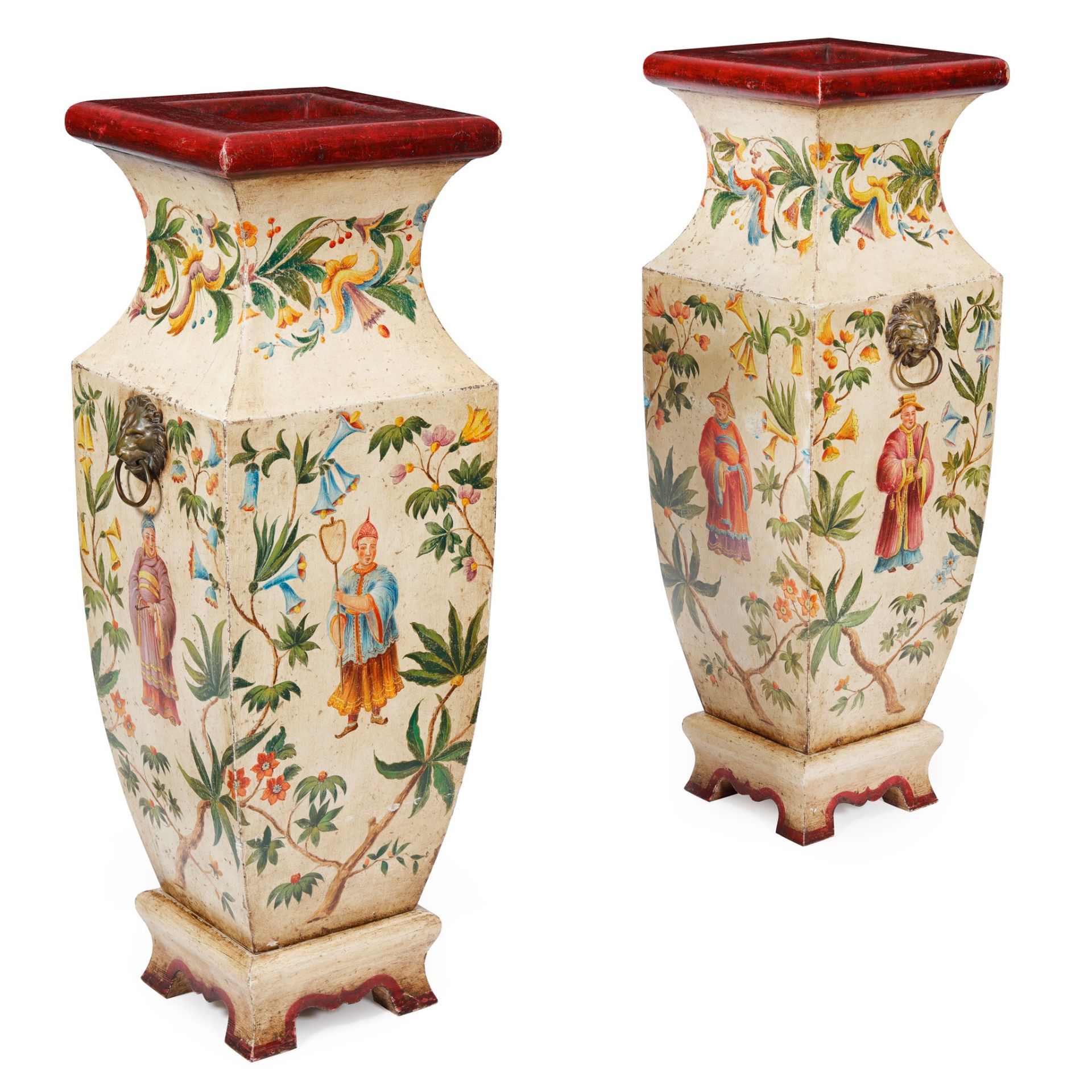 PAIR OF TOLE PAINTED SQUARED VASES LATE 19TH CENTURY