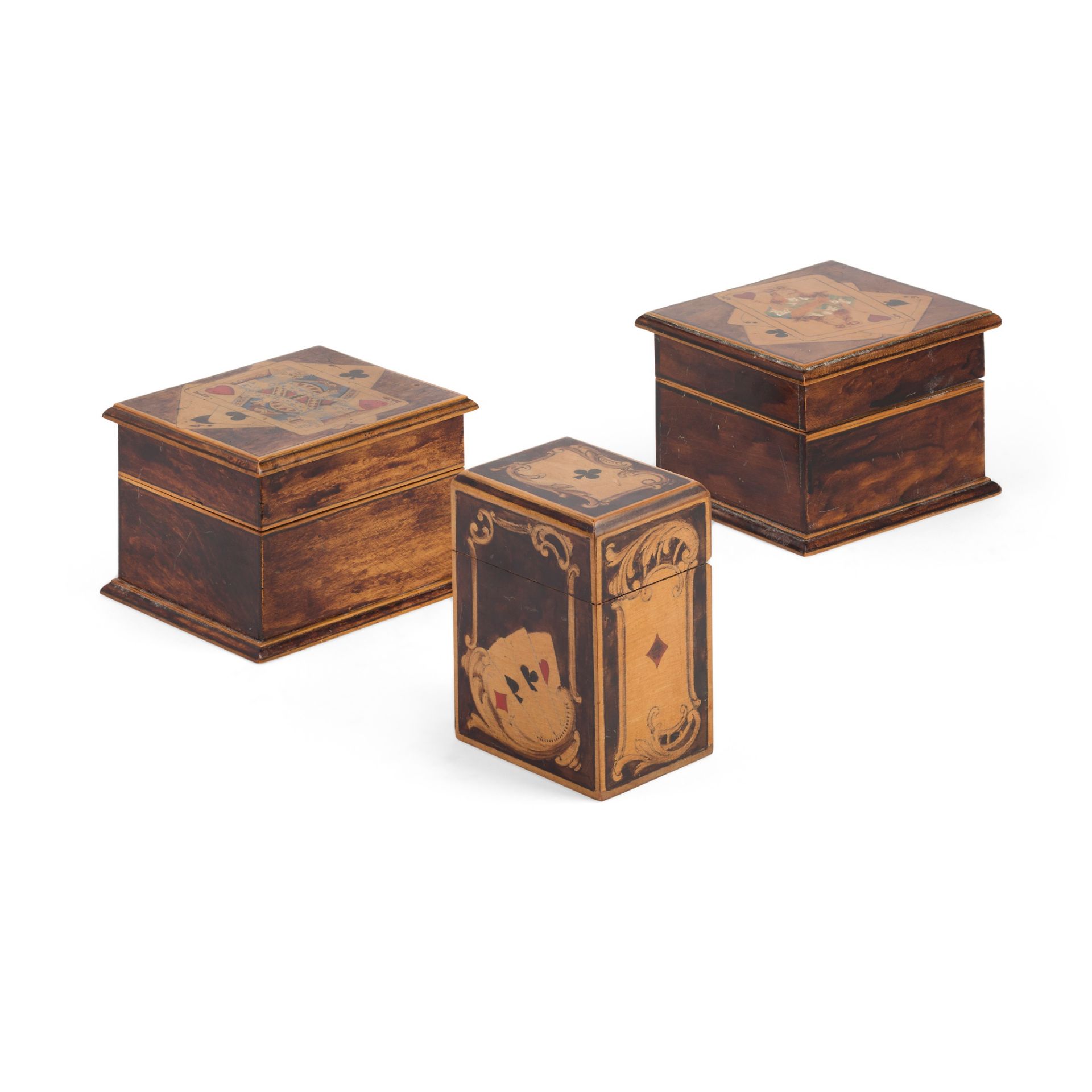 THREE PENWORK CARD BOXES 19TH CENTURY