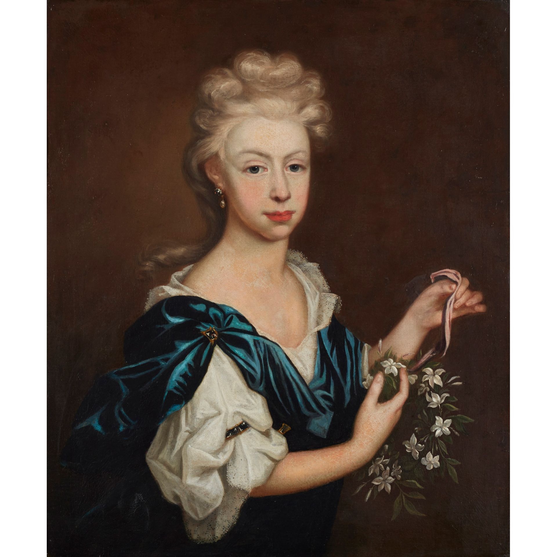 17TH CENTURY ENGLISH SCHOOL HALF LENGTH PORTRAIT OF A YOUNG WOMAN HOLDING A GARLAND OF FLOWERS