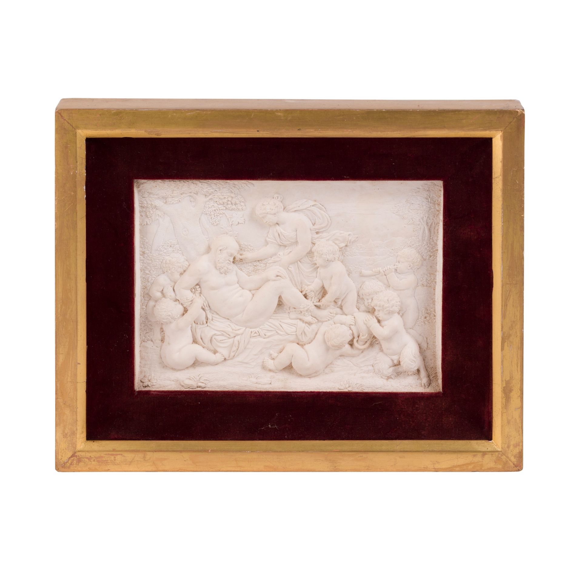 FIVE FRAMED PLASTER RELIEF PLAQUES