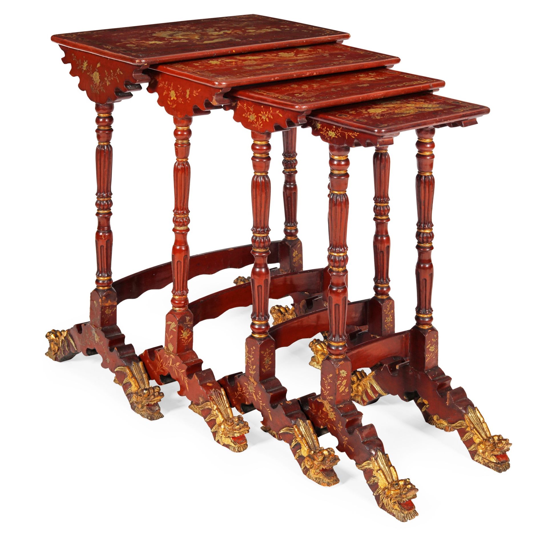 NEST OF CHINESE EXPORT RED PAINTED AND GILT WOOD QUARTETTO TABLES 19TH CENTURY