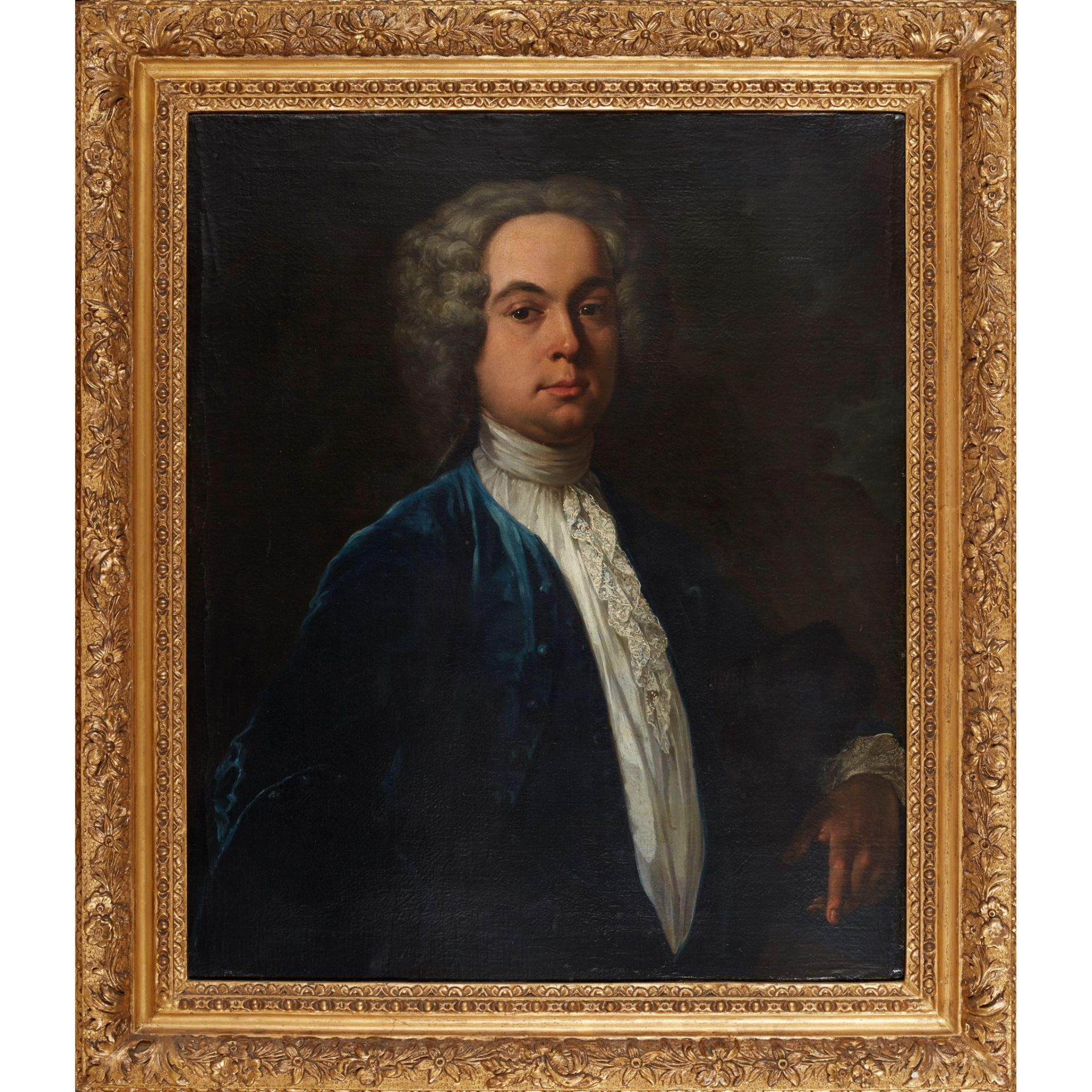 18TH CENTURY ENGLISH SCHOOL HALF LENGTH PORTRAIT OF A GENTLEMAN IN A BLUE JACKET AND WHITE LACE - Image 2 of 2