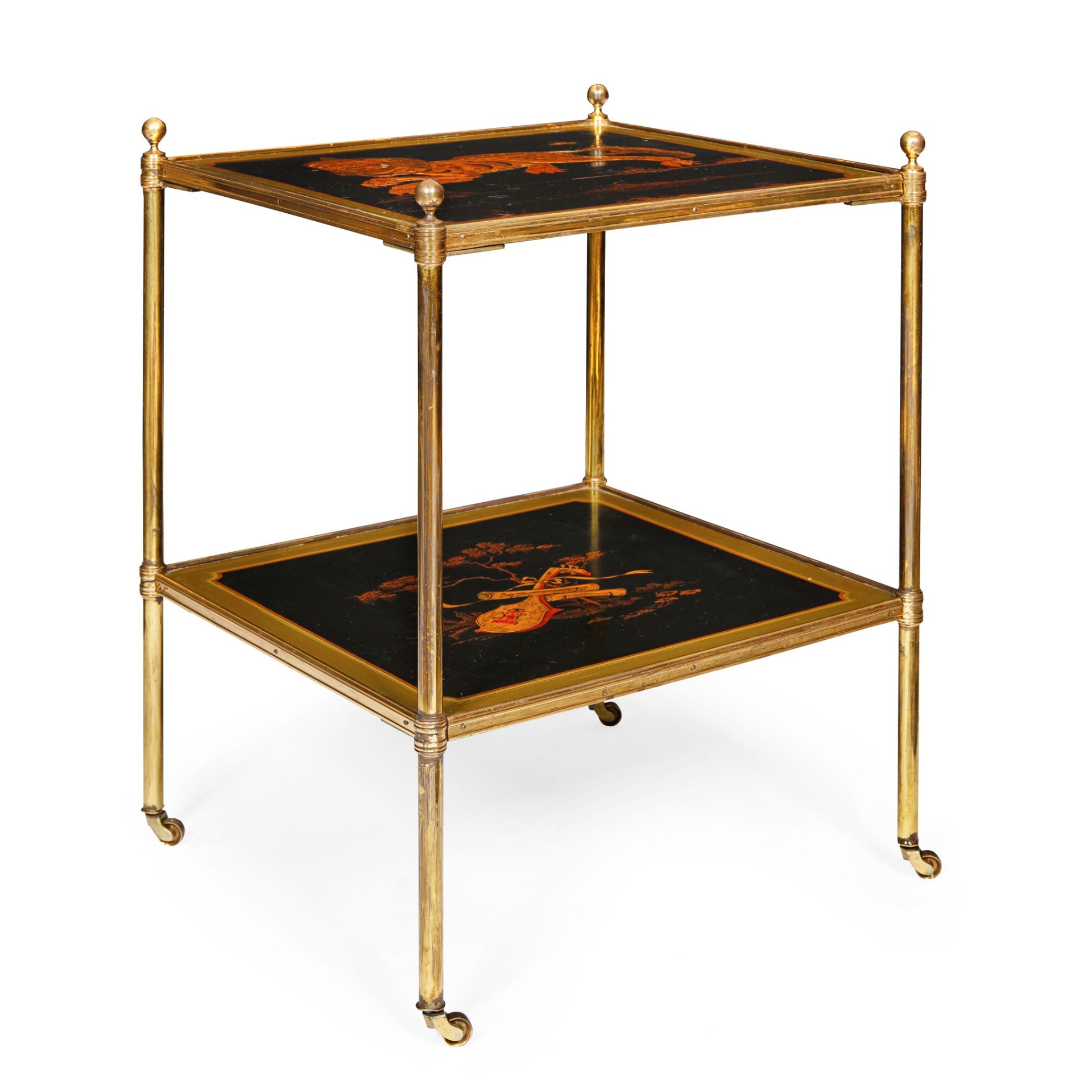 GILT BRASS FRAMED LACQUER ÉTAGÈRE EARLY 20TH CENTURY