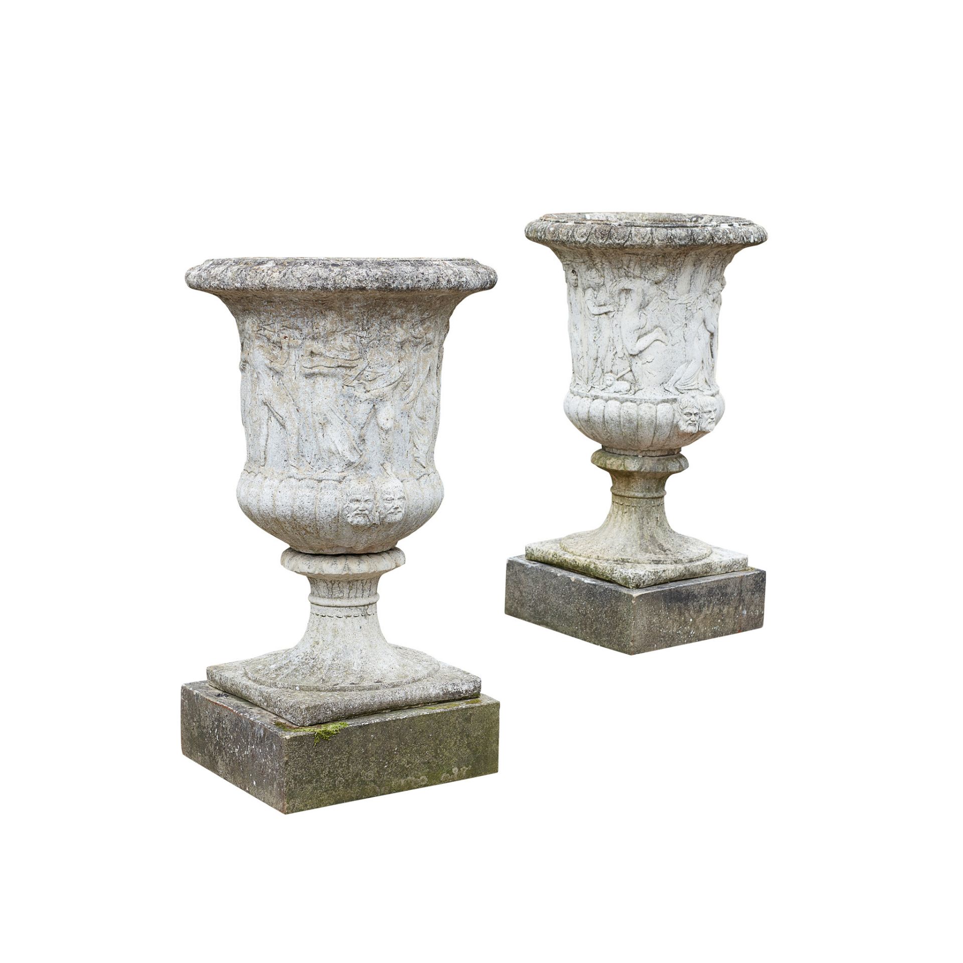 PAIR OF WHITE PAINTED COMPOSITION STONE RELIEF MOULDED URNS AND STANDS 20TH CENTURY