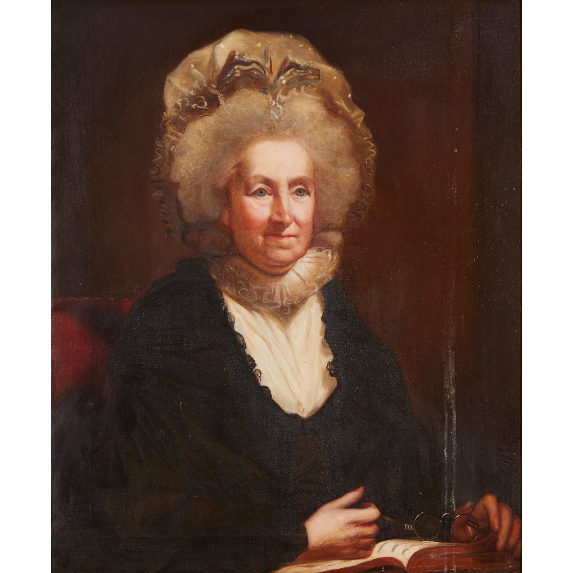 19TH CENTURY ENGLISH SCHOOL HALF-LENGTH PORTRAIT OF AN ELDERLY WOMAN WITH BOOK AND SPECTACLES