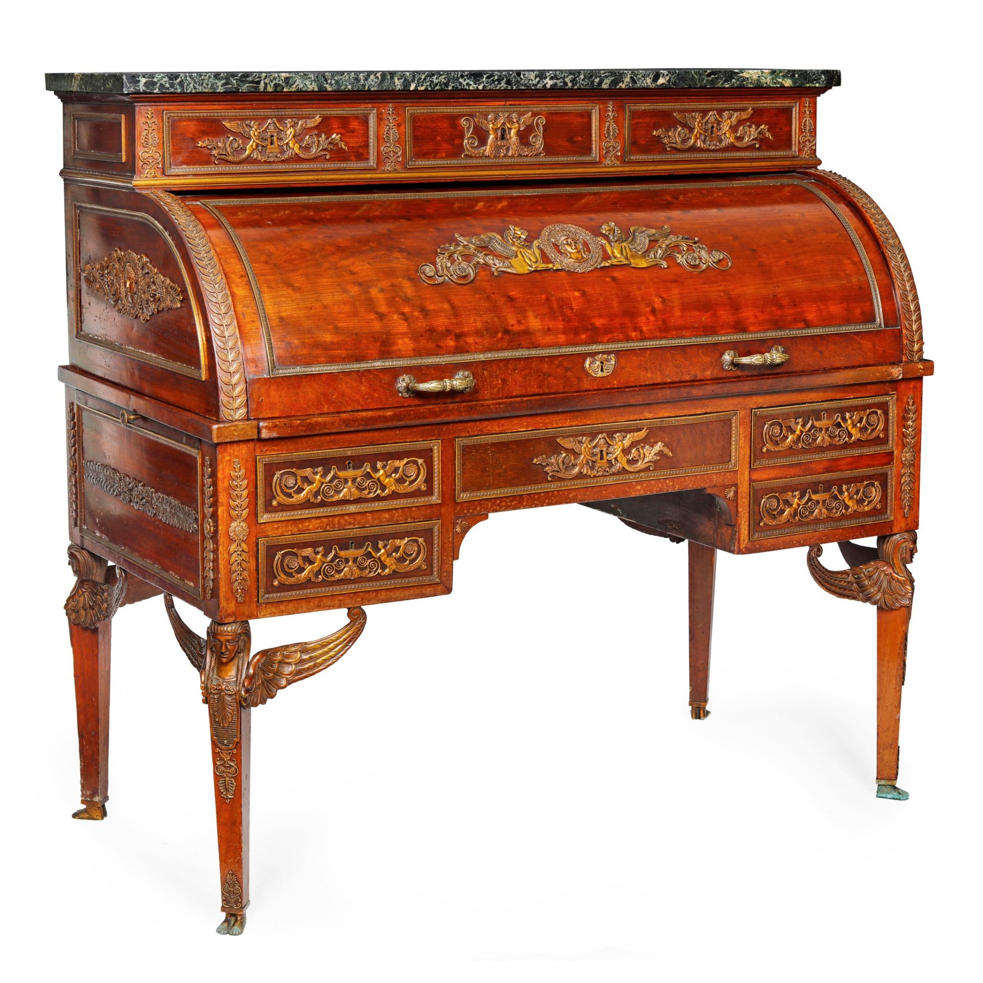 FRENCH EMPIRE MARBLE TOPPED MAHOGANY BUREAU A CYLINDRE EARLY 19TH CENTURY