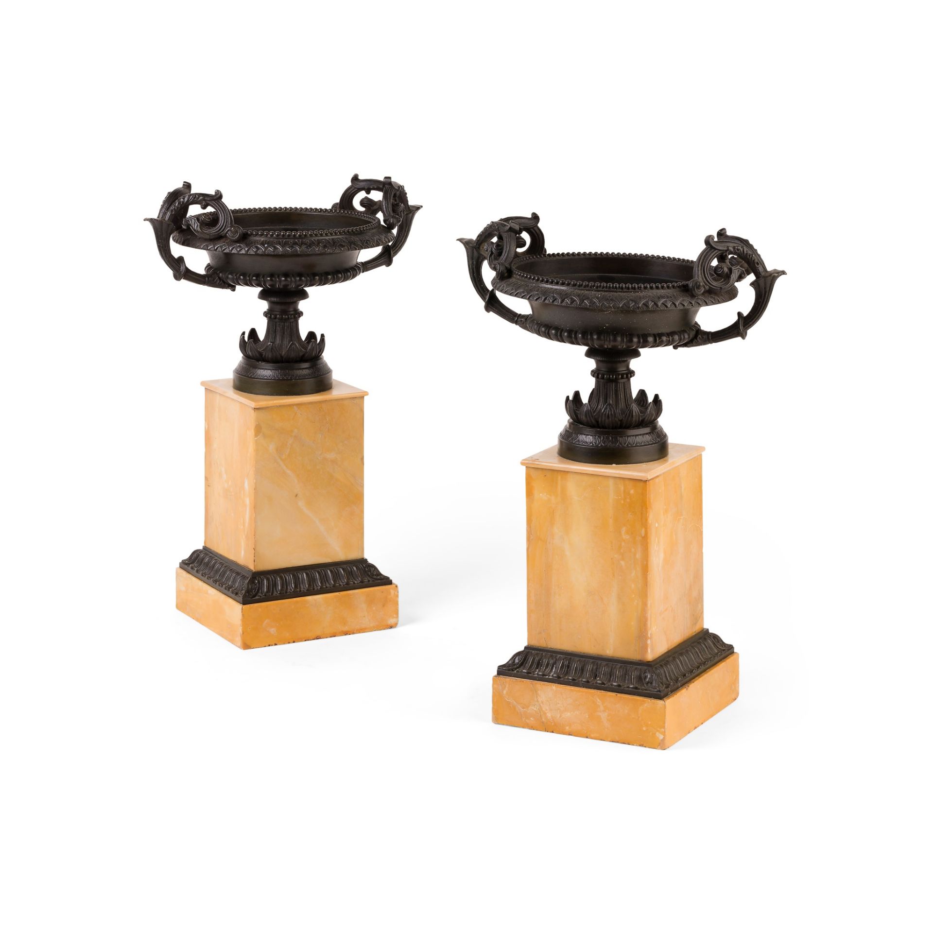 PAIR OF REGENCY BRONZE AND SIENA MARBLE URNS EARLY 19TH CENTURY