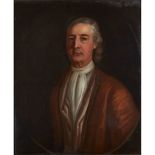 18TH CENTURY ENGLISH SCHOOL HALF LENGTH PORTRAIT OF A MAN WITH BROWN CLOAK AND WHITE STOCK