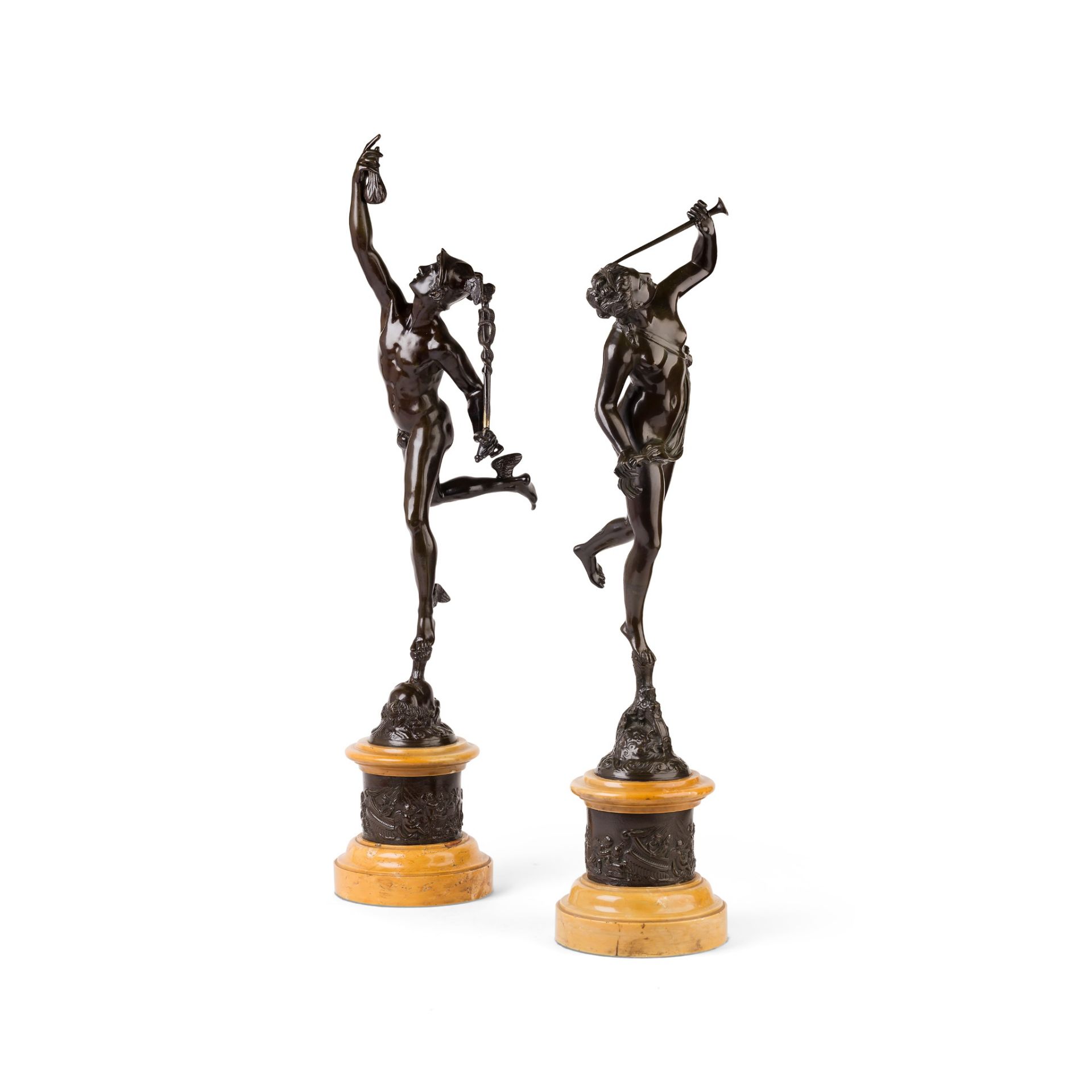 AFTER GIAMBOLOGNA, PAIR OF BRONZE FIGURES OF MERCURY AND FORTUNA 19TH CENTURY