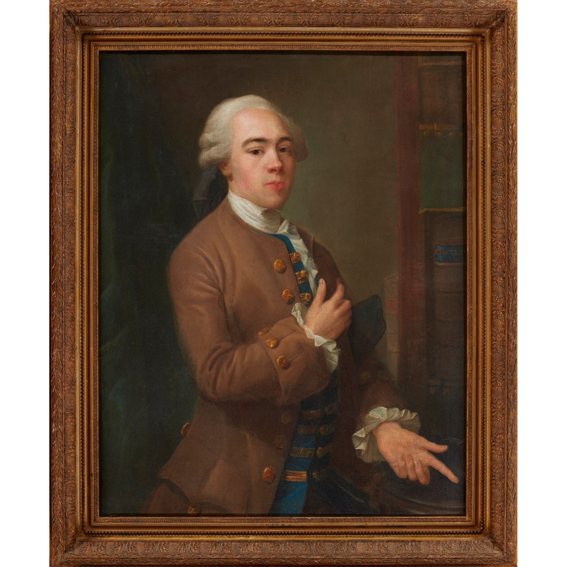 18TH CENTURY FRENCH SCHOOL THREE QUARTER LENGTH PORTRAIT OF A YOUNG MAN IN BROWN FROCK COAT AND - Image 2 of 2