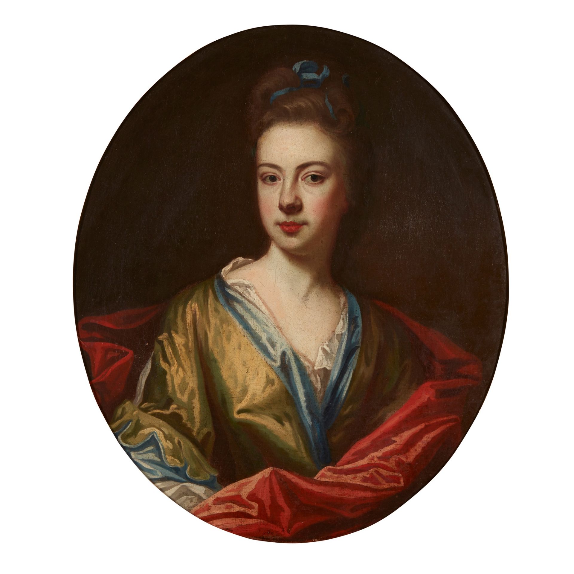 17TH CENTURY ENGLISH SCHOOL HALF LENGTH PORTRAIT OF A WOMAN IN CHARTREUSE DRESS WITH RED WRAP