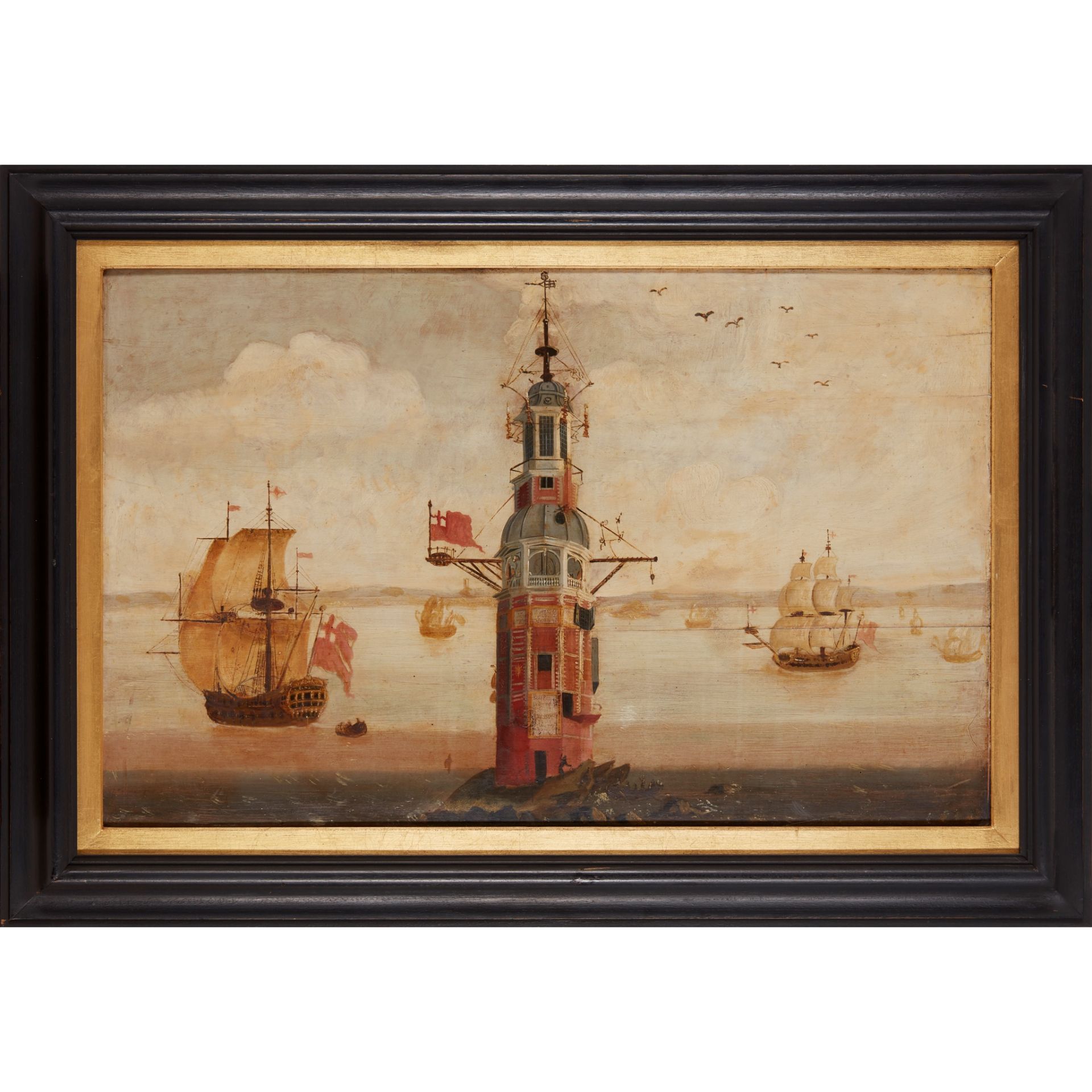 18TH CENTURY ENGLISH SCHOOL SHIPPING AROUND THE EDDYSTONE LIGHTHOUSE - Image 2 of 2