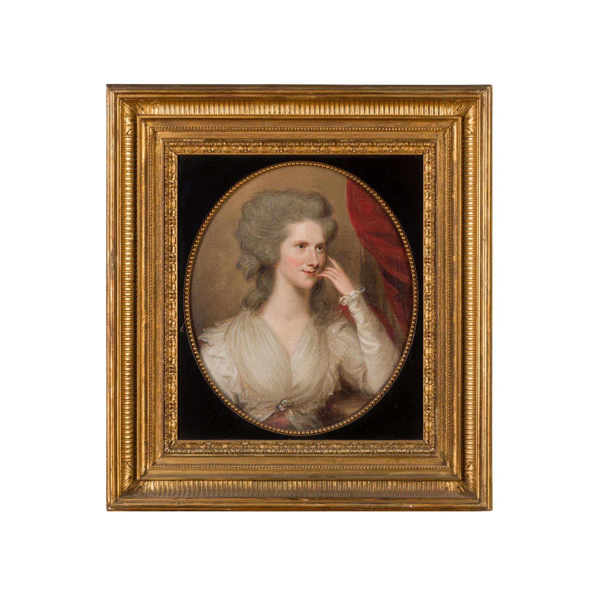 18TH CENTURY ENGLISH SCHOOL HALF LENGTH PORTRAIT OF A WOMAN IN A WHITE DRESS