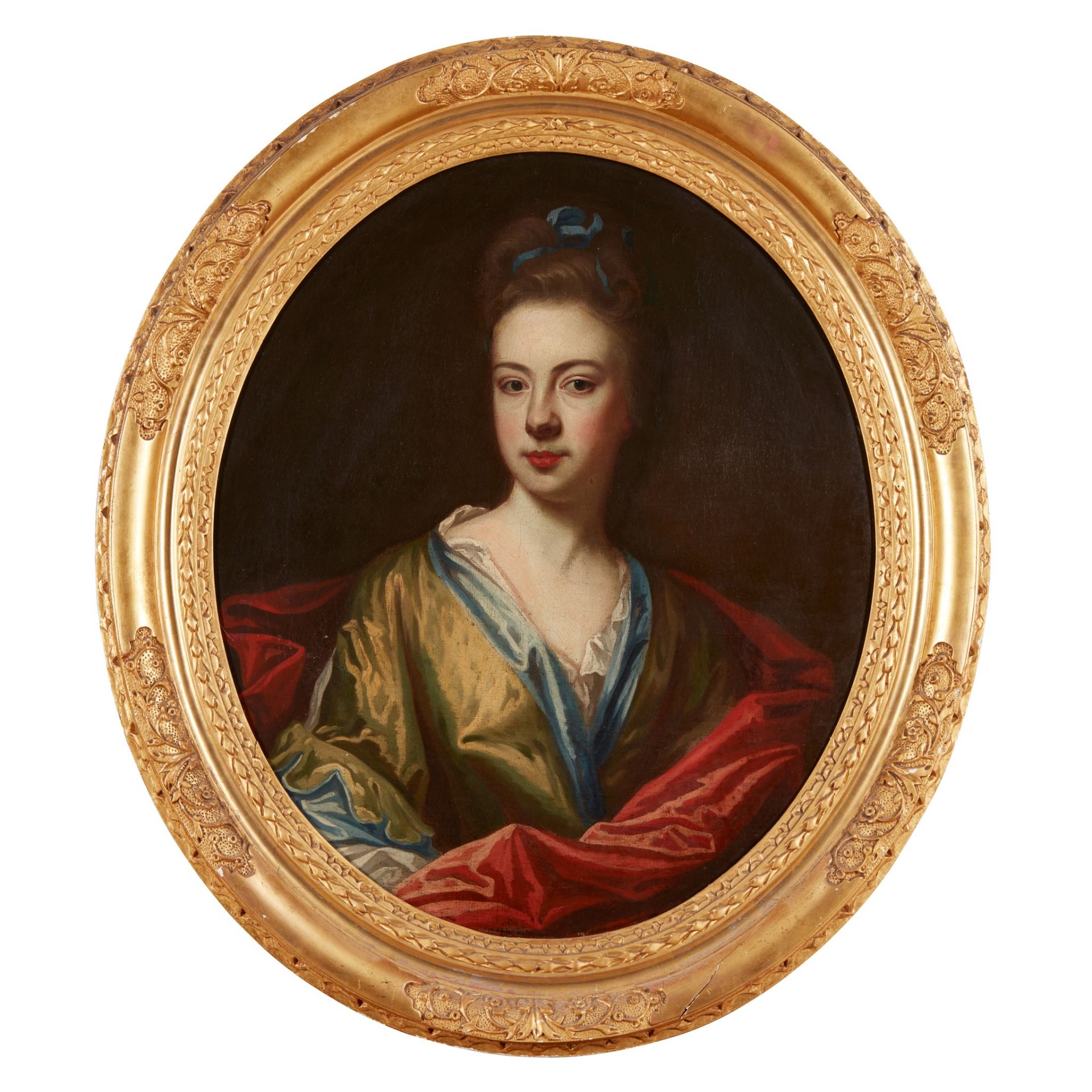 17TH CENTURY ENGLISH SCHOOL HALF LENGTH PORTRAIT OF A WOMAN IN CHARTREUSE DRESS WITH RED WRAP - Image 2 of 2