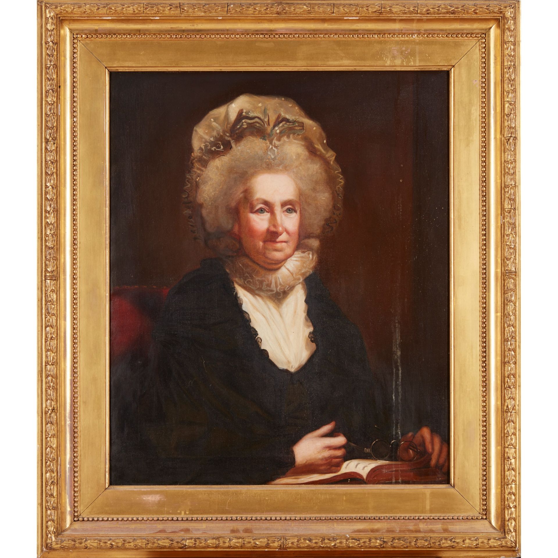 19TH CENTURY ENGLISH SCHOOL HALF-LENGTH PORTRAIT OF AN ELDERLY WOMAN WITH BOOK AND SPECTACLES - Image 2 of 2