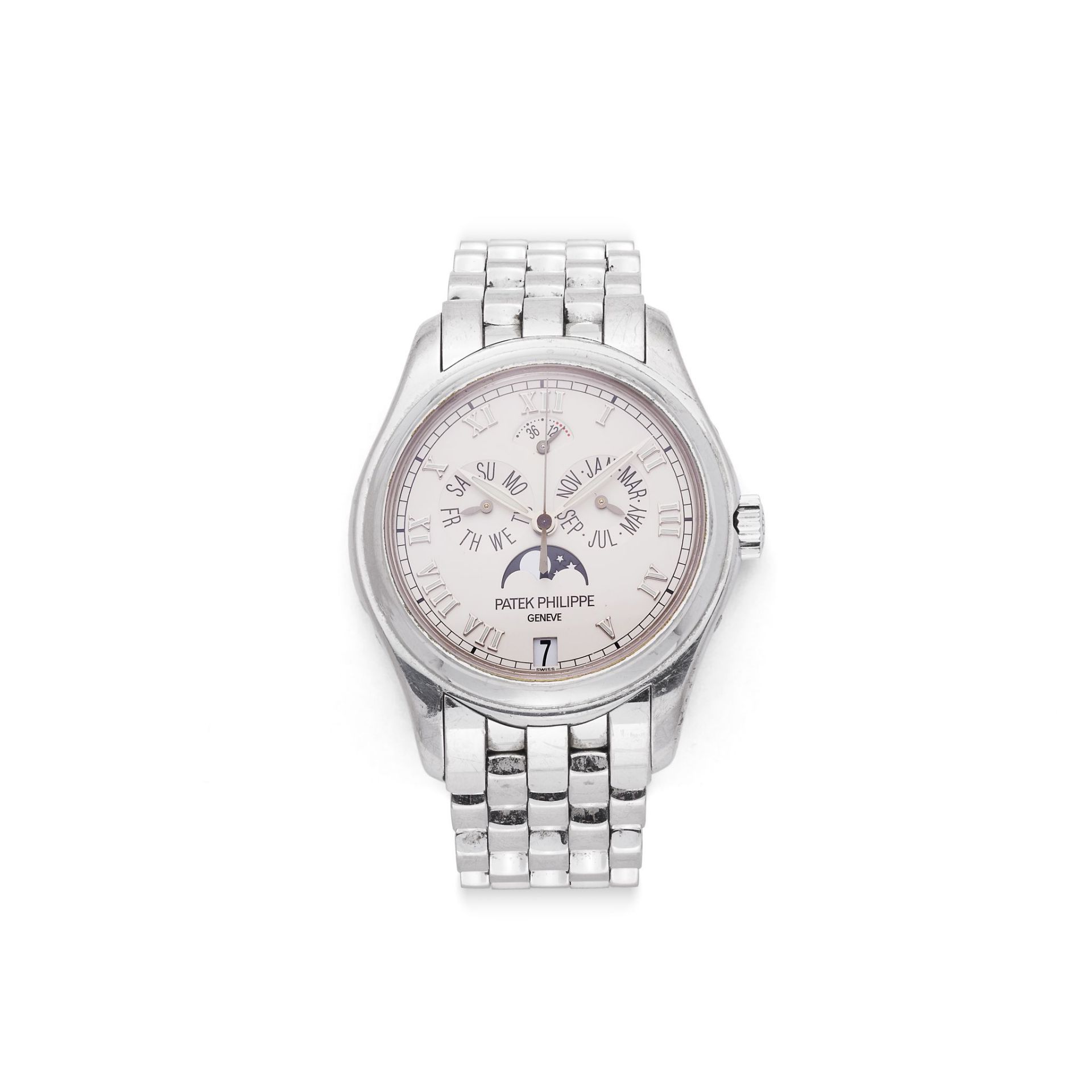 AN 18CT WHITE GOLD ANNUAL CALENDAR MOONPHASE WRISTWATCH, BY PATEK PHILIPPE