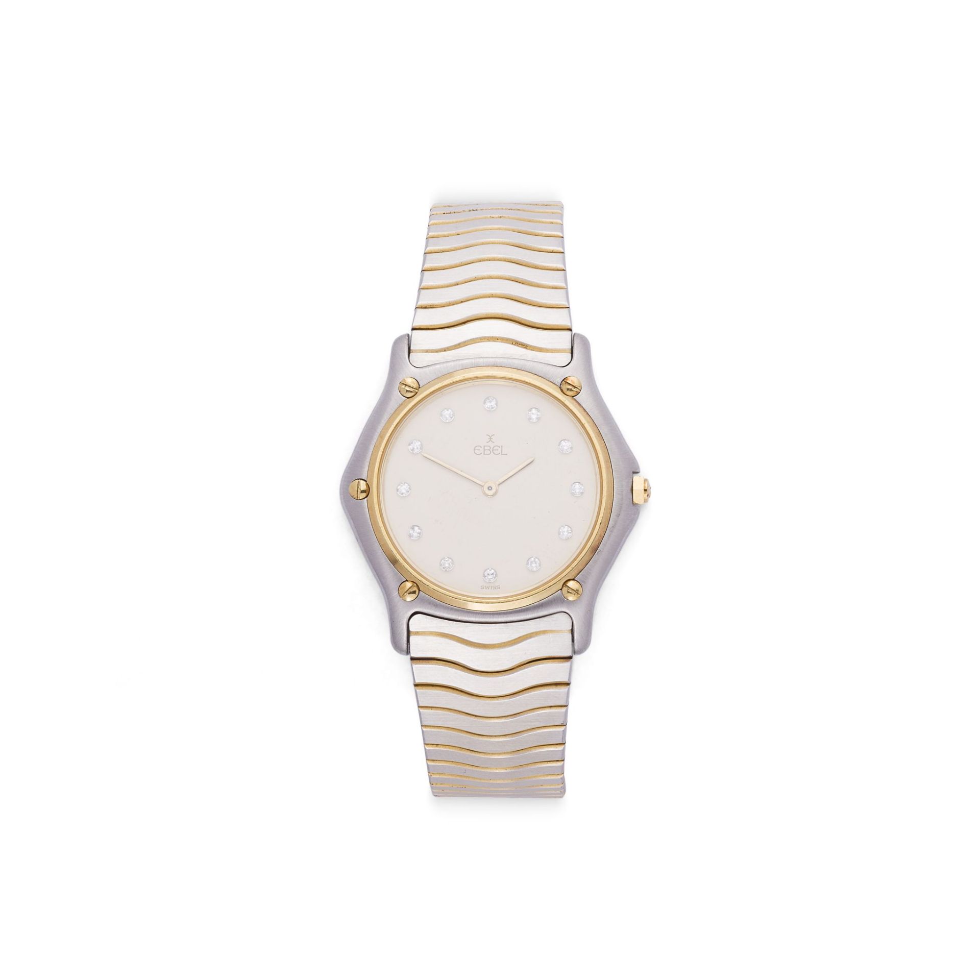 A LADY'S STAINLESS-STEEL AND GILT WRISTWATCH, BY EBEL