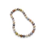 A CULTURED PEARL AND ENAMEL BEAD NECKLACE