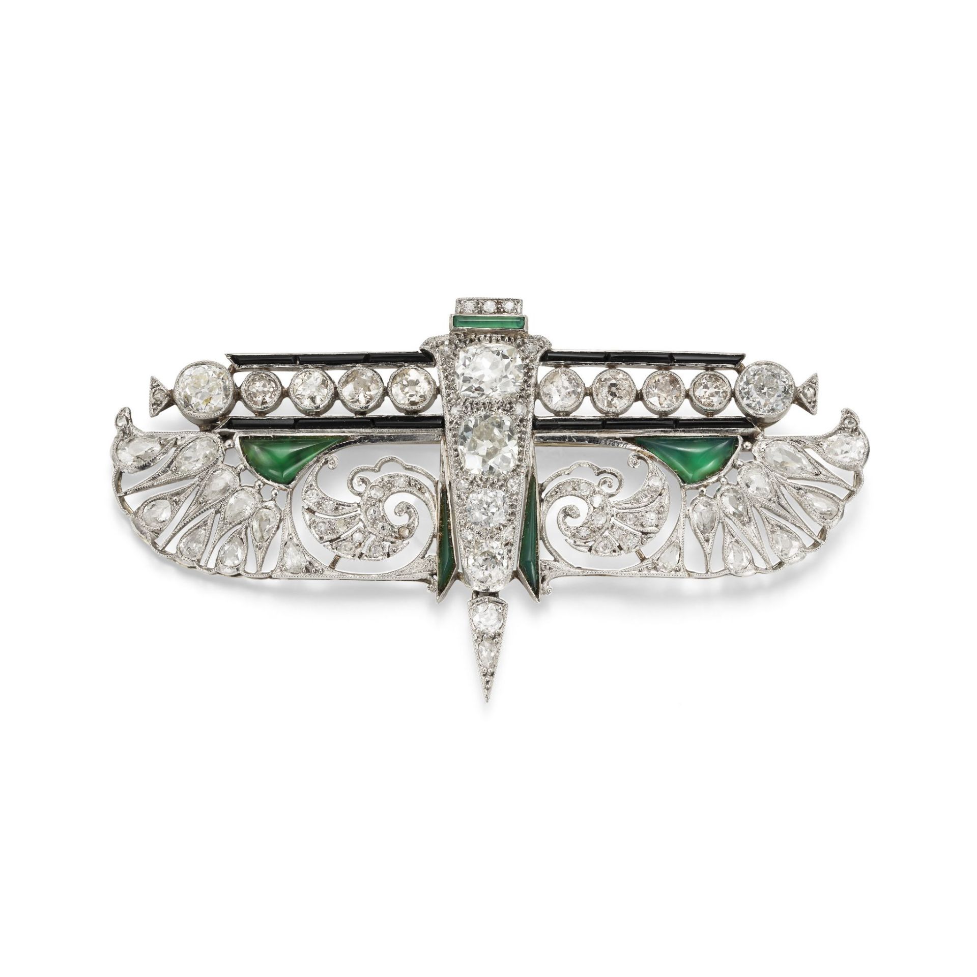 AN ART DECO EGYPTIAN REVIVAL DIAMOND AND GEM-SET BROOCH, CIRCA 1925