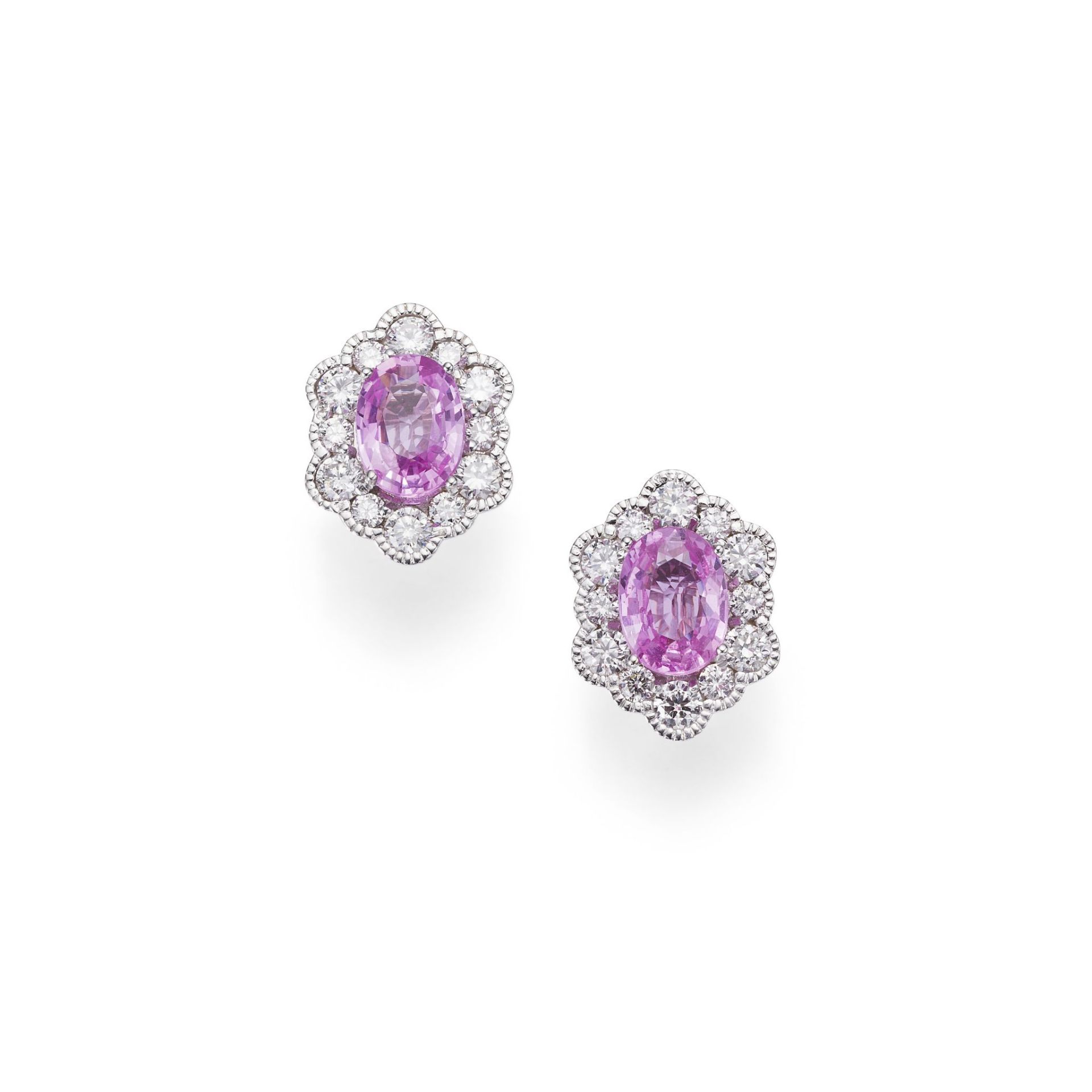 A PAIR OF PINK SAPPHIRE AND DIAMOND SET EARRINGS