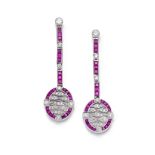A PAIR OF RUBY AND DIAMOND PENDENT EARRINGS