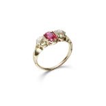 A RUBY AND DIAMOND THREE-STONE RING