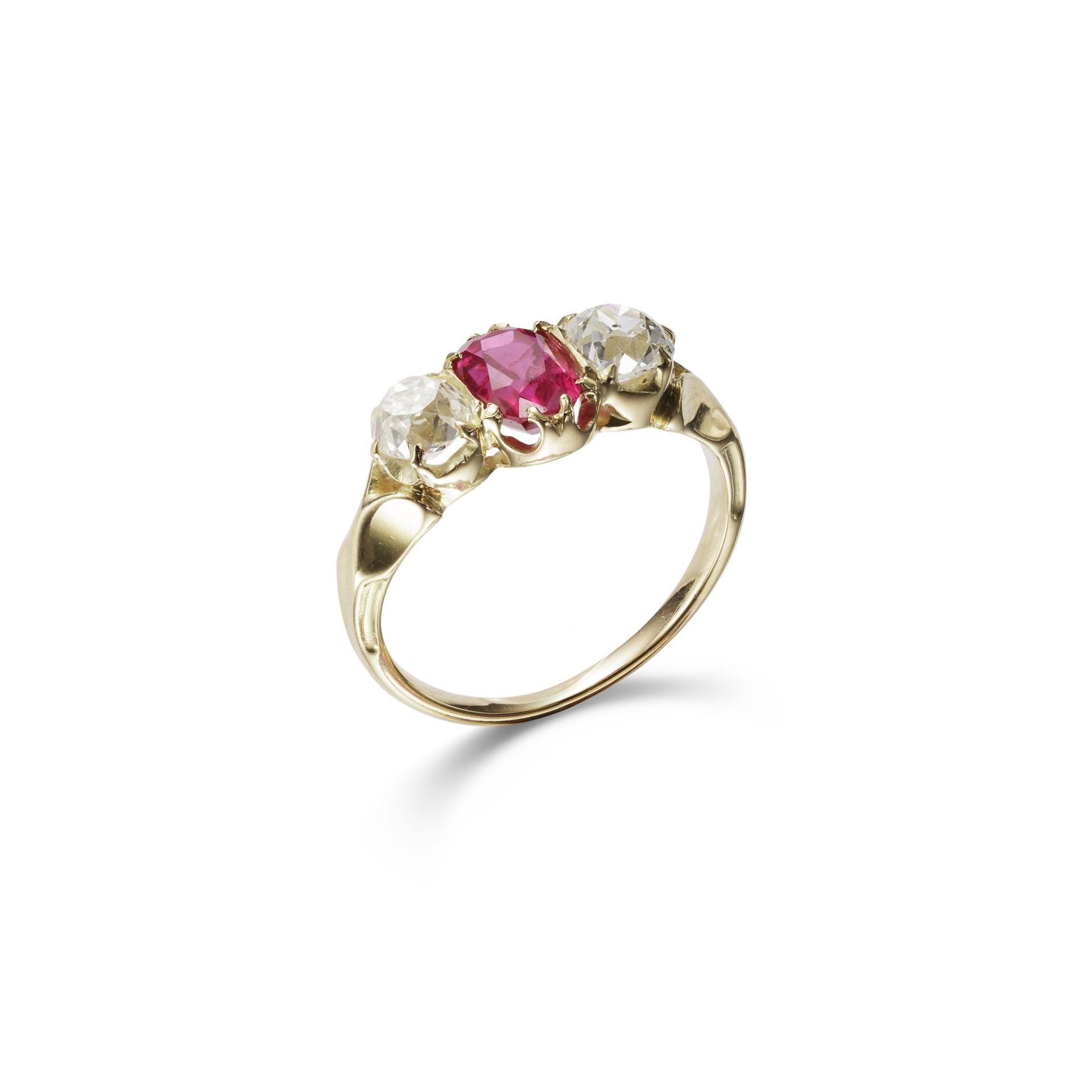 A RUBY AND DIAMOND THREE-STONE RING