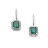 A PAIR OF EMERALD AND DIAMOND EARRINGS