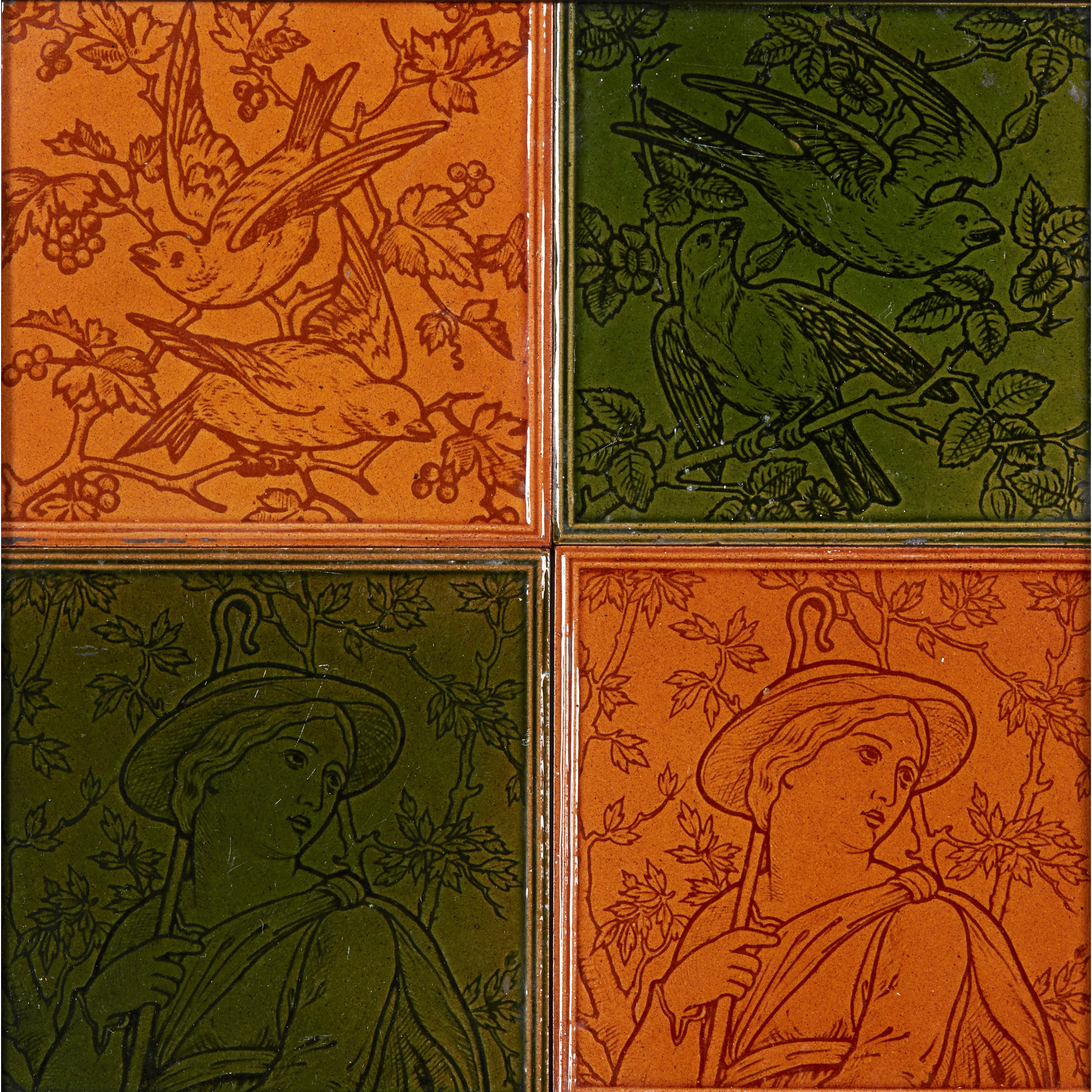 MAW & CO., BROSELEY, SHROPSHIRE FOUR AESTHETIC MOVEMENT FRAMED WALL TILES, CIRCA 1880