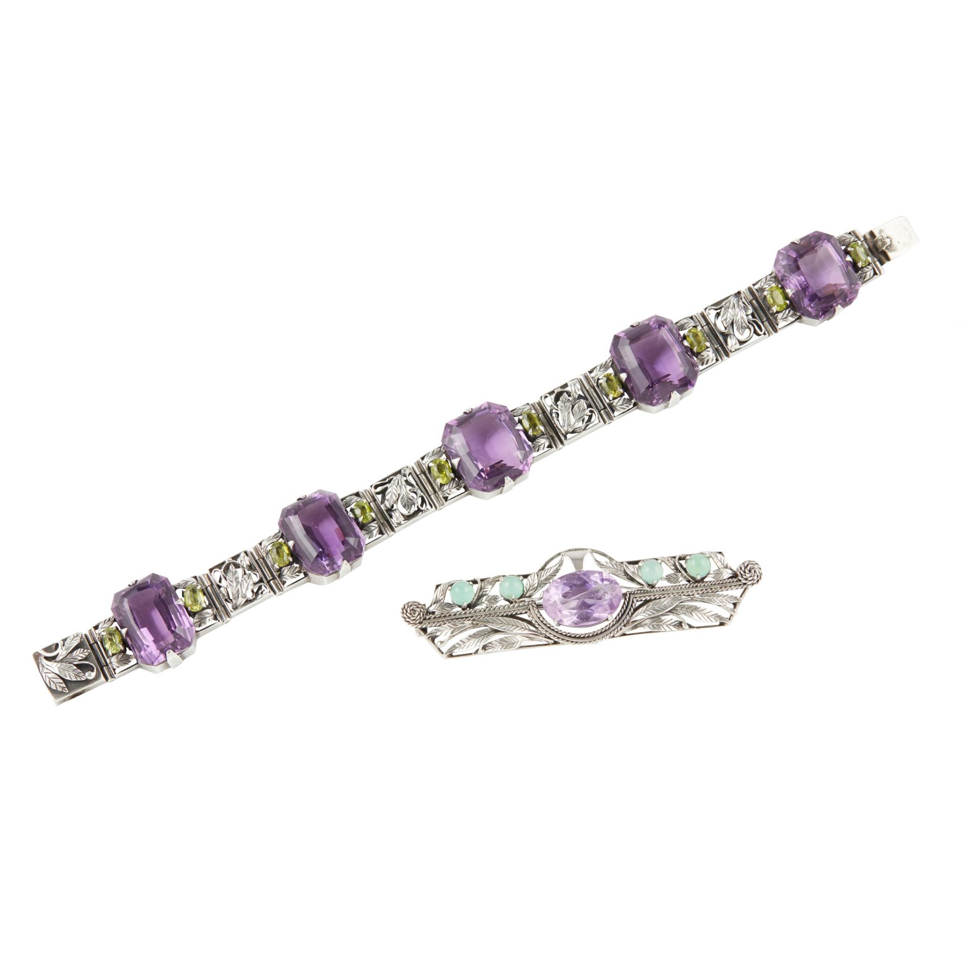 ATTRIBUTED TO BERNARD INSTONE SILVER AND GEM SET BRACELET, EARLY 20TH CENTURY