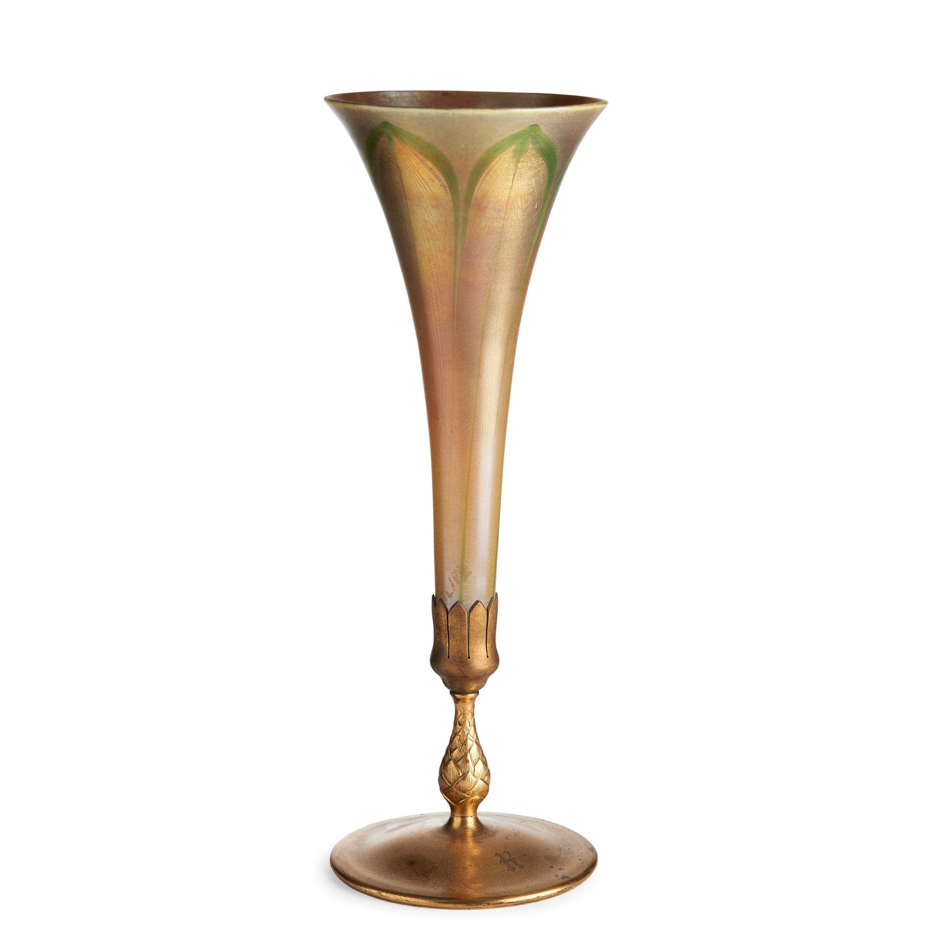 TIFFANY STUDIOS, NEW YORK MOUNTED IRIDESCENT 'FAVRILE' GLASS TRUMPET VASE, CIRCA 1910