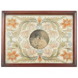 MANNER OF MORRIS & CO. ARTS & CRAFTS SILKWORK EMBROIDERED PHOTOGRAPH MOUNT, CIRCA 1900