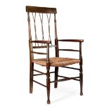 ENGLISH SCHOOL ARTS & CRAFTS STAINED BEECH ARMCHAIR, CIRCA 1890