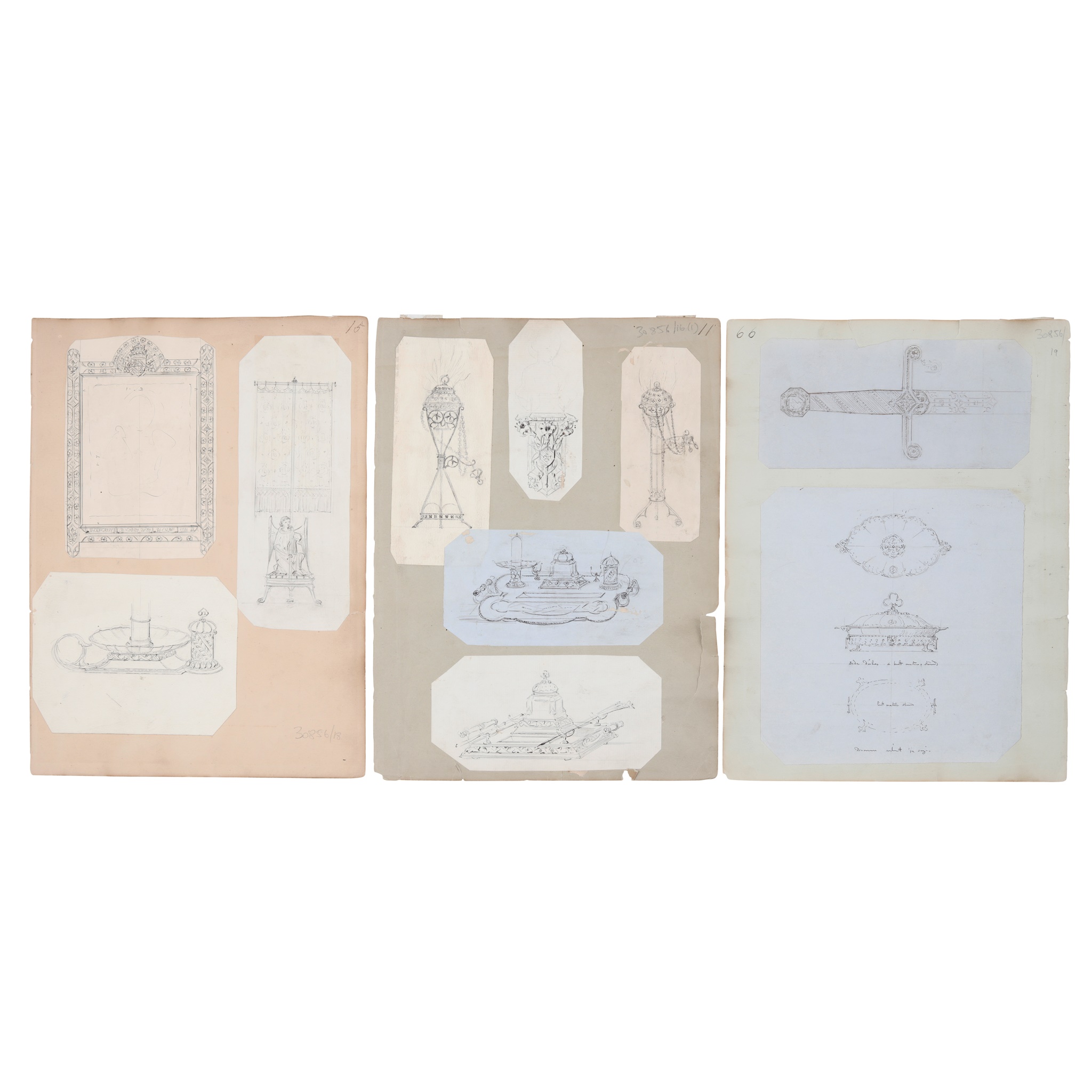 ATTRIBUTED TO A.W.N. PUGIN FOR HARDMAN & CO. THREE SHEETS OF ORIGINAL DRAWINGS, CIRCA 1860