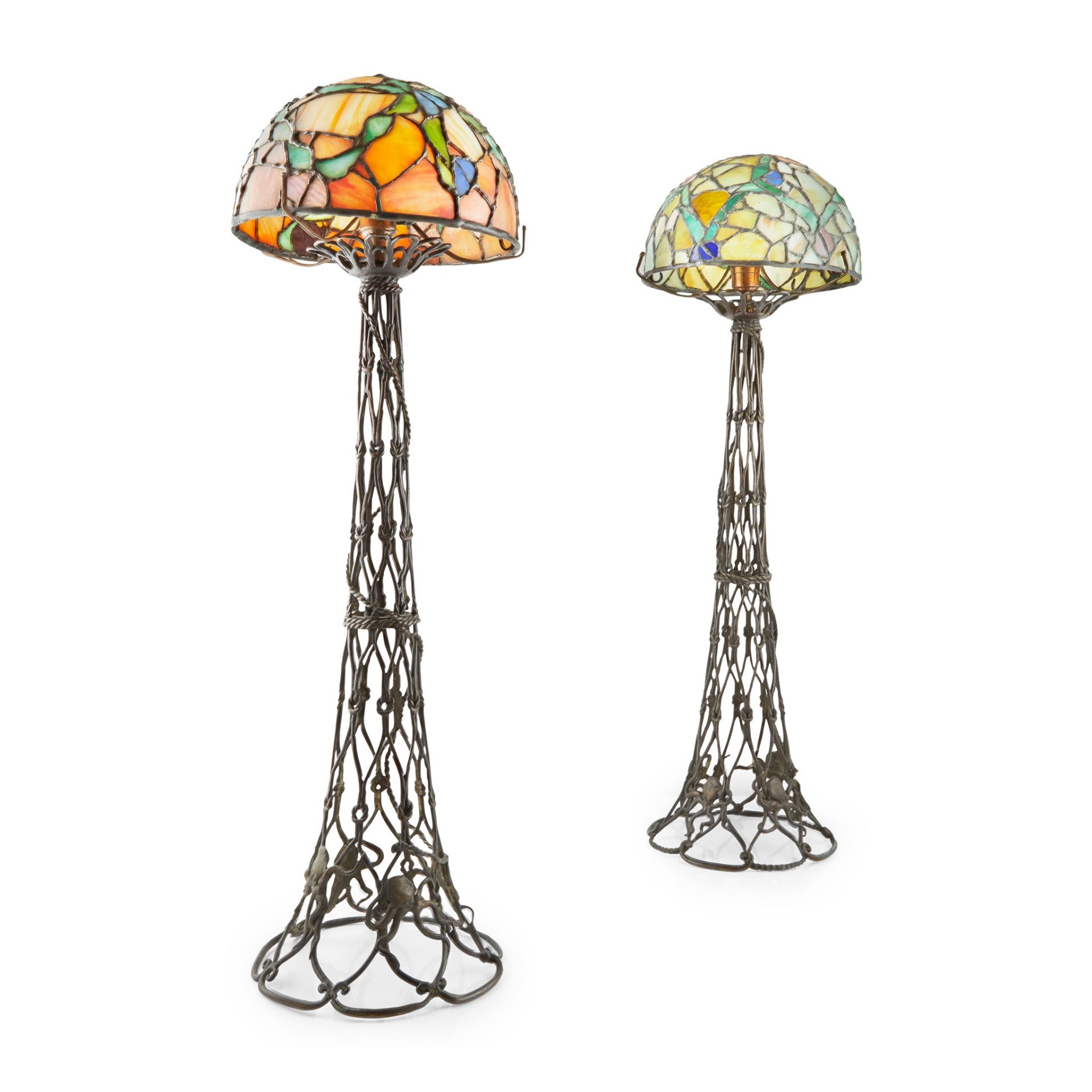 AMERICAN SCHOOL PAIR OF PATINATED BRASS TABLE LAMPS, 20TH CENTURY