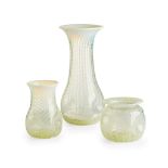 JOHN WALSH WALSH, BIRMINGHAM GROUP OF THREE VASELINE GLASS 'FISHNET' VASES, CIRCA 1910