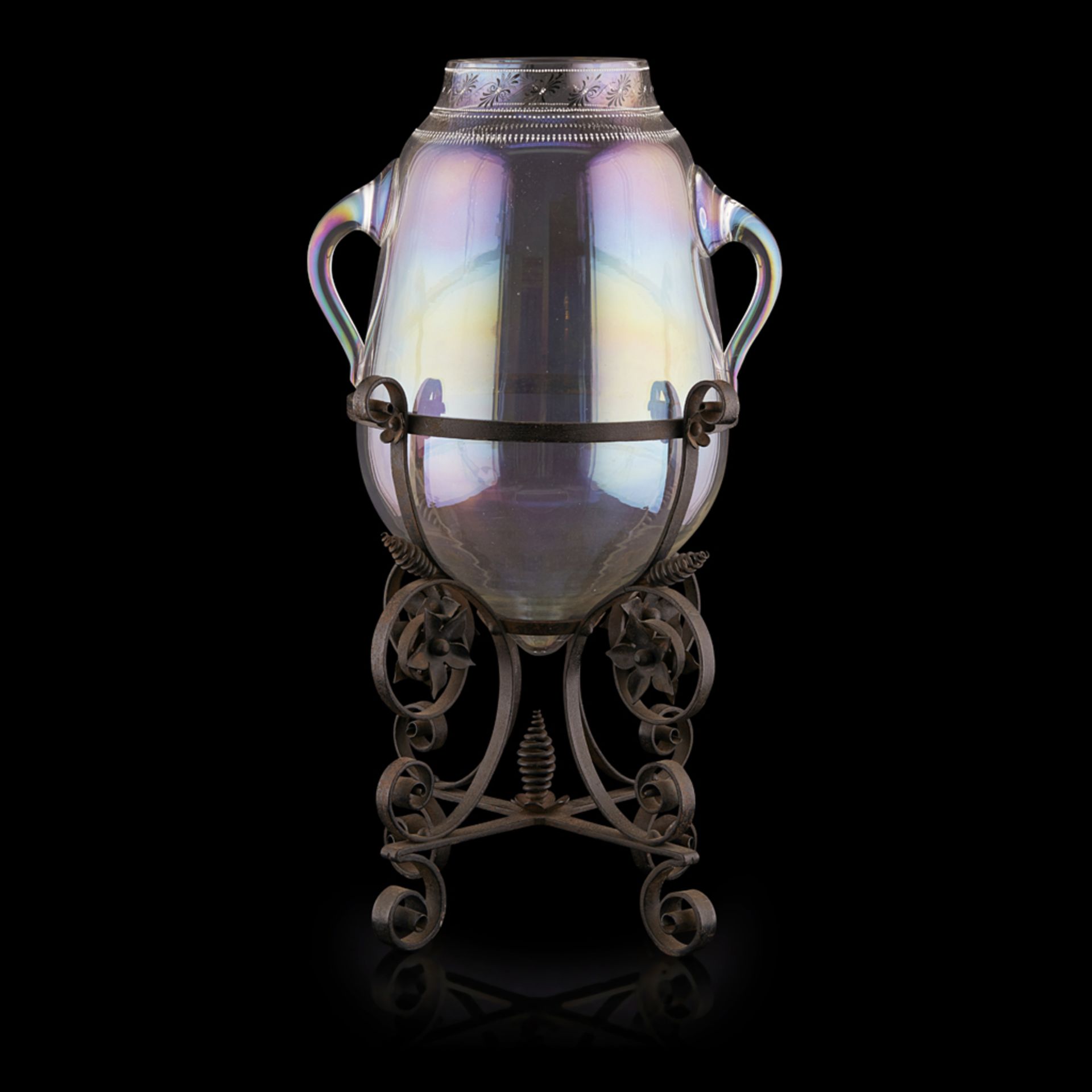 J. & L. LOBMEYR, VIENNA ENAMELLED IRIDESCENT GLASS VASE AND FRAME, CIRCA 1880