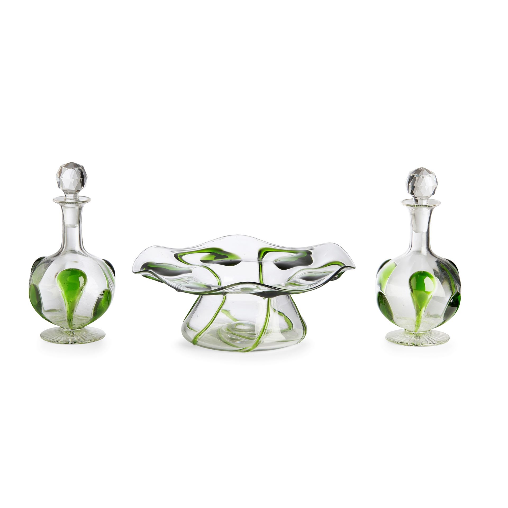 STUART & SONS, STOURBRIDGE PAIR OF ART NOUVEAU MINIATURE 'CAIRNGORM' GLASS DECANTERS, CIRCA 1910