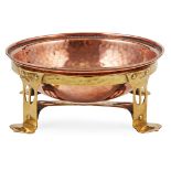 ENGLISH SCHOOL ARTS & CRAFTS COPPER AND BRASS BOWL ON STAND, CIRCA 1900