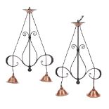 ENGLISH SCHOOL PAIR OF ARTS & CRAFTS WROUGHT IRON AND COPPER HANGING LIGHTS, CIRCA 1900