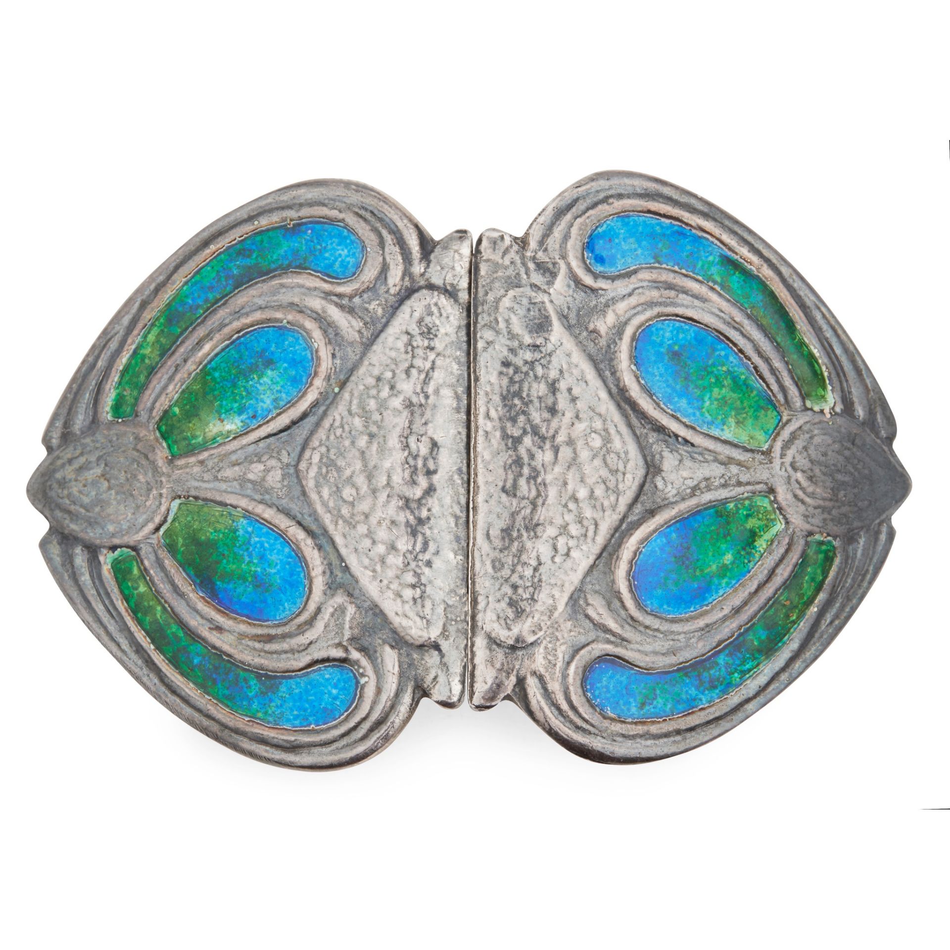 LIBERTY & CO., LONDON ARTS & CRAFTS SILVER AND ENAMEL BELT BUCKLE, 1902