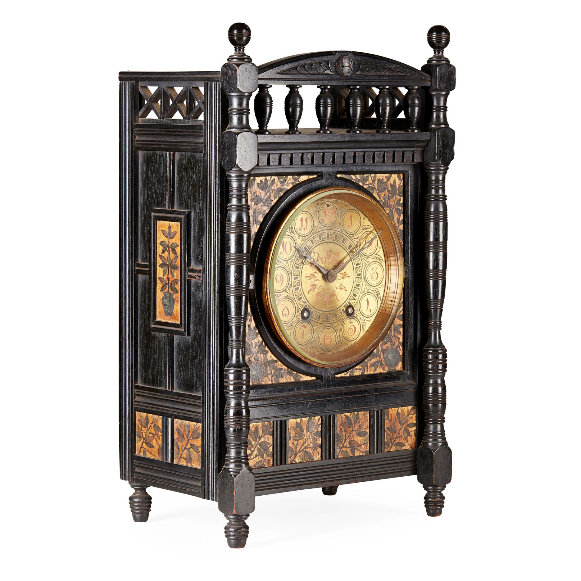 ENGLISH SCHOOL AESTHETIC MOVEMENT EBONISED MANTEL CLOCK, CIRCA 1880