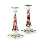 WEMYSS WARE A PAIR OF TALL SQUARE CANDLESTICKS, ‘CABBAGE ROSES’ PATTERN, CIRCA 1900