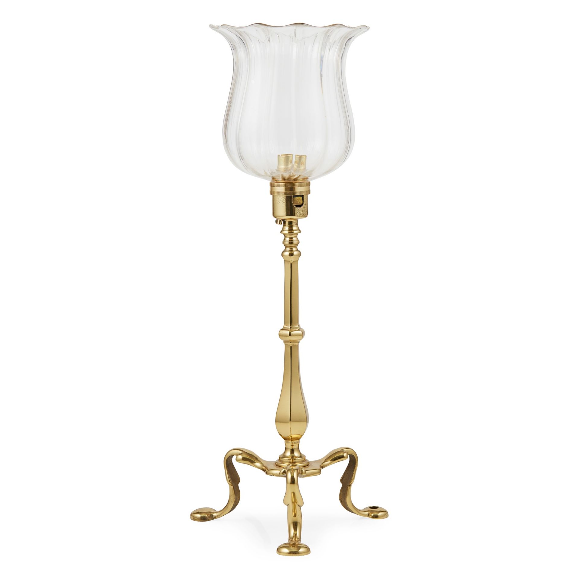 MANNER OF W. A. S. BENSON ARTS & CRAFTS BRASS TABLE LAMP, CIRCA 1900