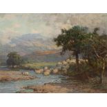 WILLIAM PRATT (SCOTTISH 1854-1936) HERDING SHEEP ACROSS A STREAM