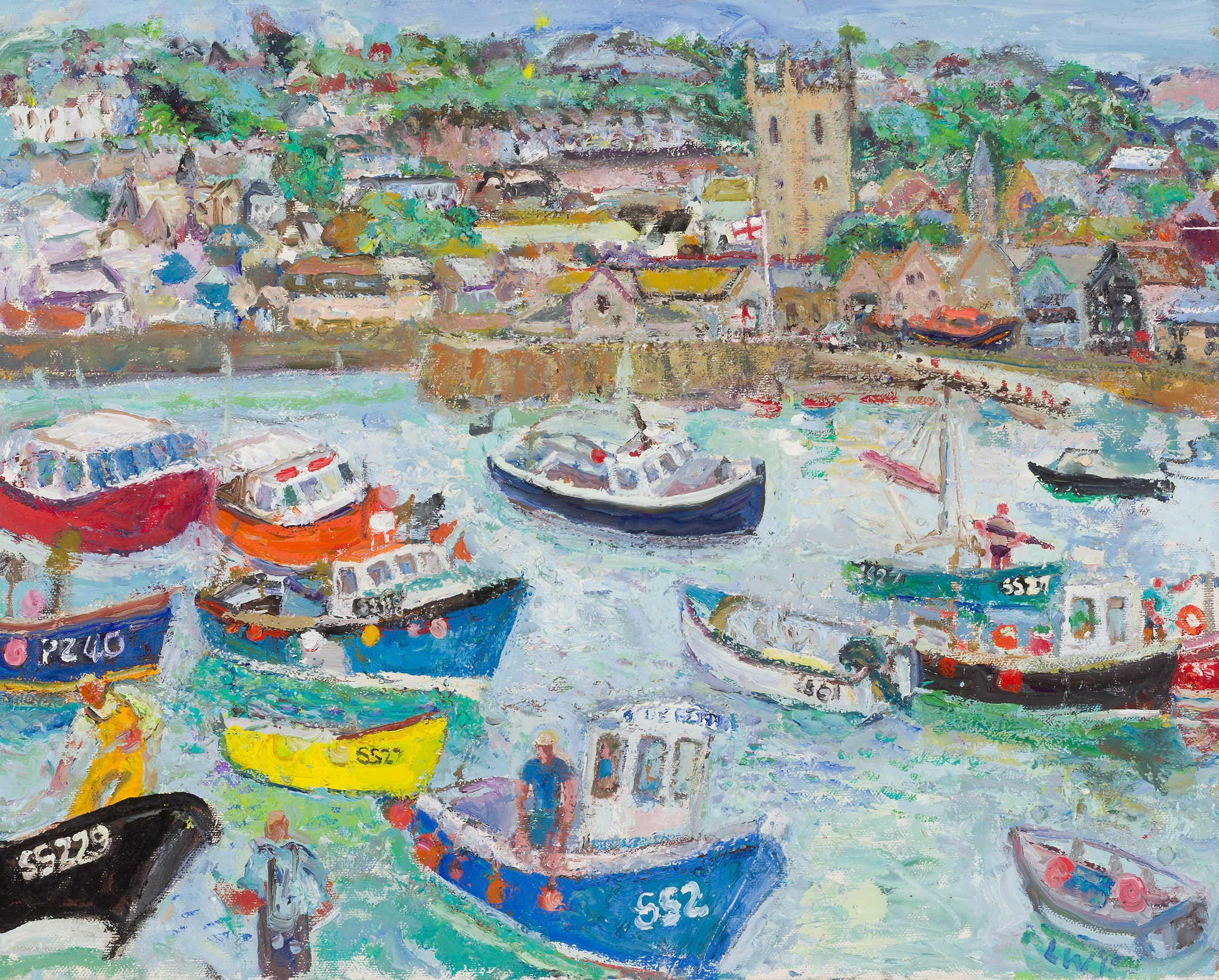 LINDA WEIR (BRITISH B. 1951) BUSY HARBOUR SCENE, ST IVES