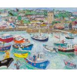 LINDA WEIR (BRITISH B. 1951) BUSY HARBOUR SCENE, ST IVES